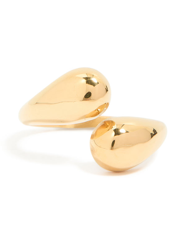 Discover the waterproof gold plated stainless steel double teardrop wrap around ring in chunky style close up view