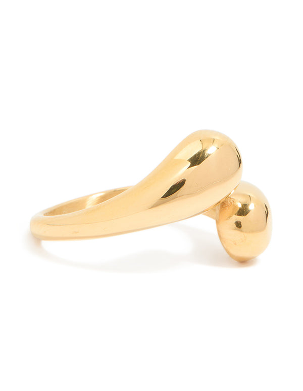 Beautifully designed waterproof gold plated stainless steel double teardrop wrap around ring in chunky style front view