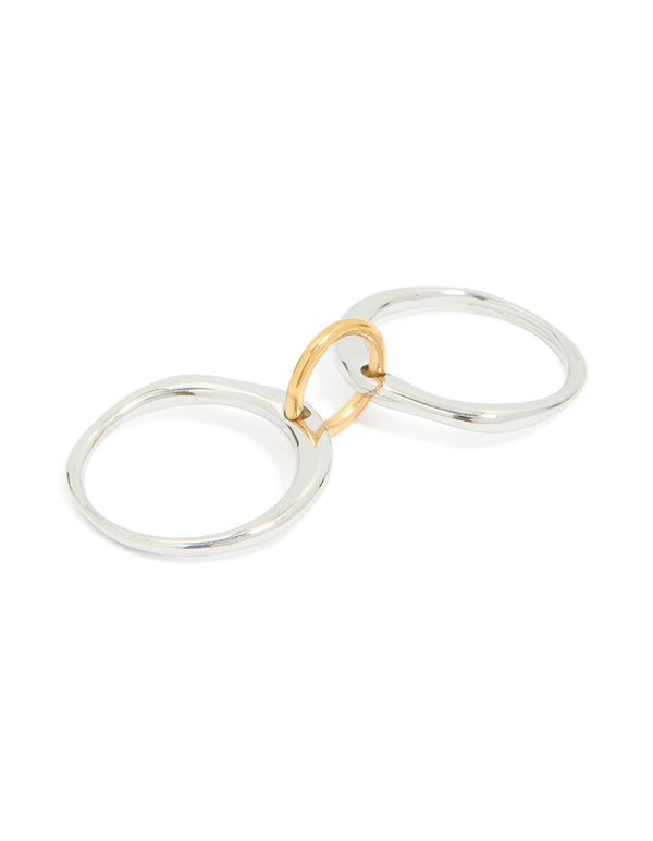 Featuring a waterproof mixed metal stainless steel stacked ring with interlocking silver and gold bands in chunky style side detail view