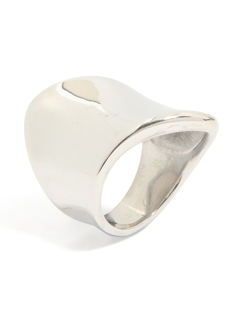 Designed with waterproof stainless steel, this organic smooth ring in silver highlights band thickness and sculptural profile side detail view