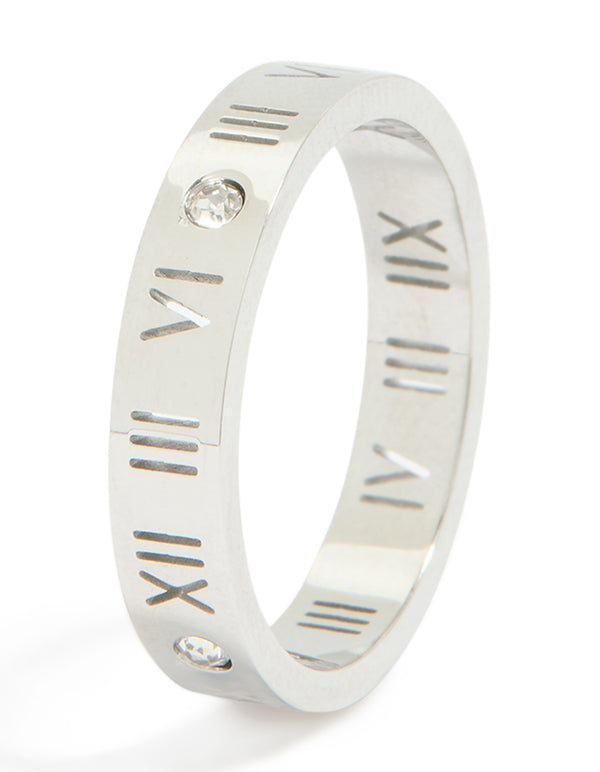 Waterproof Stainless Steel Cubic Zirconia Roman Numeral Ring