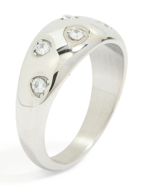 Featuring a waterproof stainless steel spotty diamante band ring in silver and clear stone side detail view