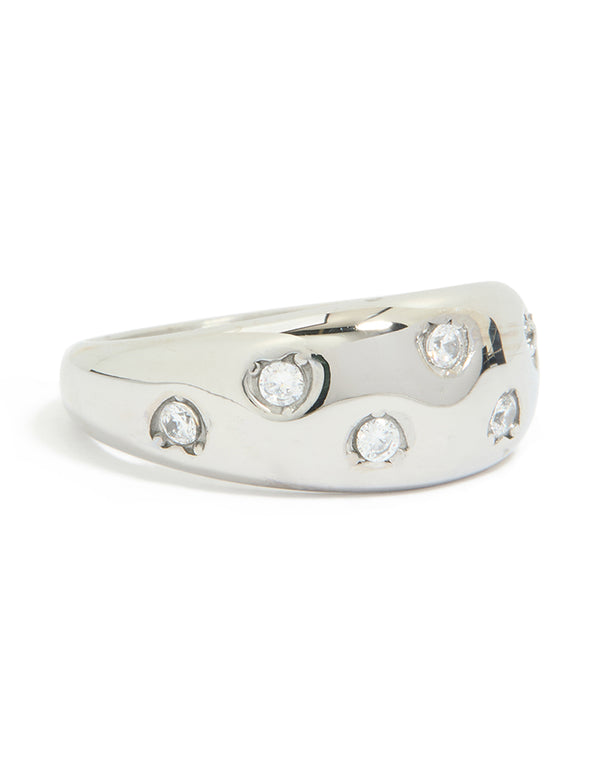 Showcasing a waterproof stainless steel spotty diamante band ring in silver and clear stone front view