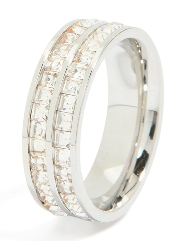 Waterproof Stainless Steel Square Cubic Zirconia Double Layered Ring