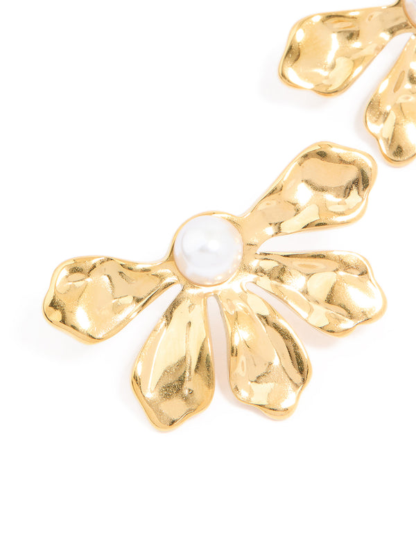 Waterproof Gold Plated Stainless Steel Pearl Half Flower Stud Earrings