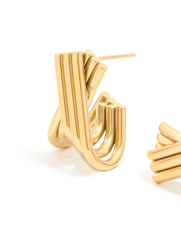 Displaying waterproof gold plated stainless steel long layered circle hoop earrings close up view