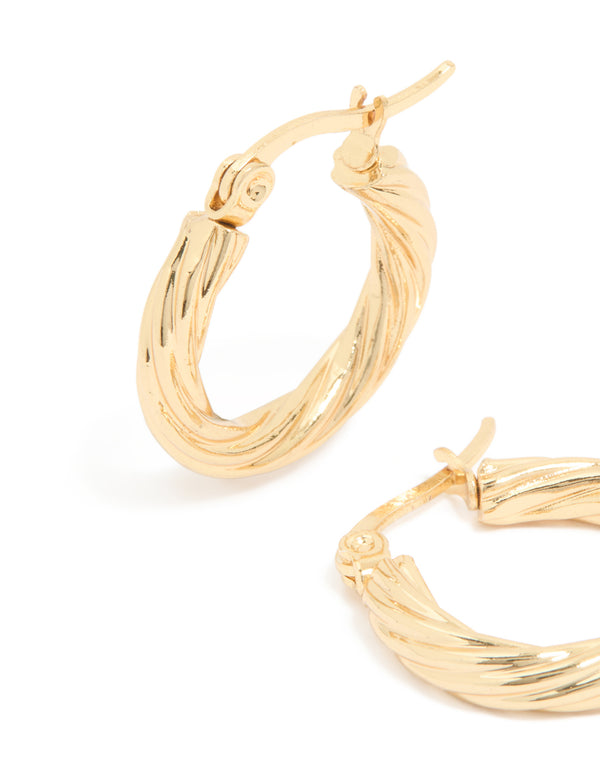 Presenting waterproof small twisted hoop earrings crafted from gold plated stainless steel with statement style post detail view