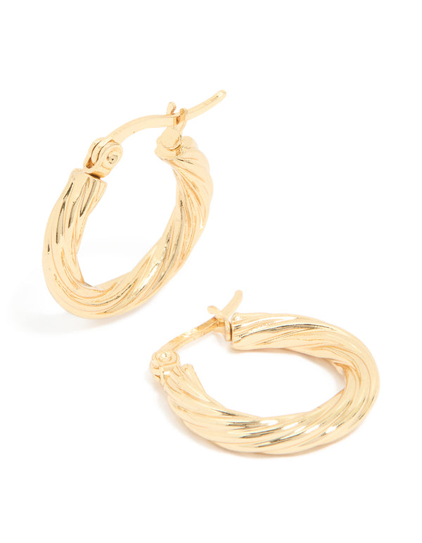 Discover waterproof small twisted hoop earrings crafted from stainless steel with statement style in gold plated finish front view