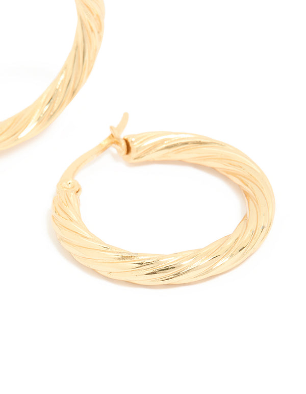 Highlighting waterproof gold plated stainless steel twisted medium hoop earrings post detail view