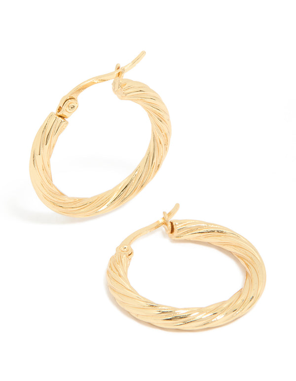 Featuring waterproof gold plated stainless steel twisted medium hoop earrings front view