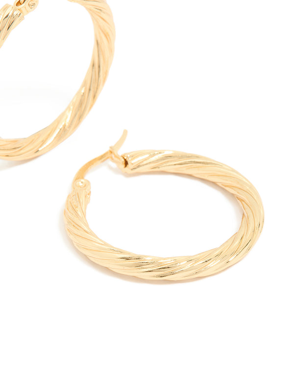 Presenting waterproof gold plated stainless steel large twisted hoop earrings in statement style post detail view