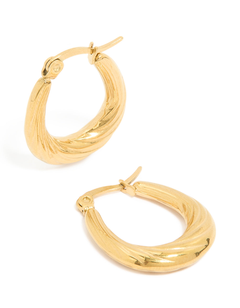 Showcasing waterproof twisted hoop earrings crafted from gold plated stainless steel front view