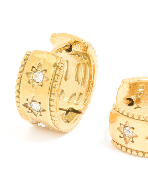 Waterproof Gold Plated Stainless Steel Cubic Zirconia Celestial Etched Hoop Earrings