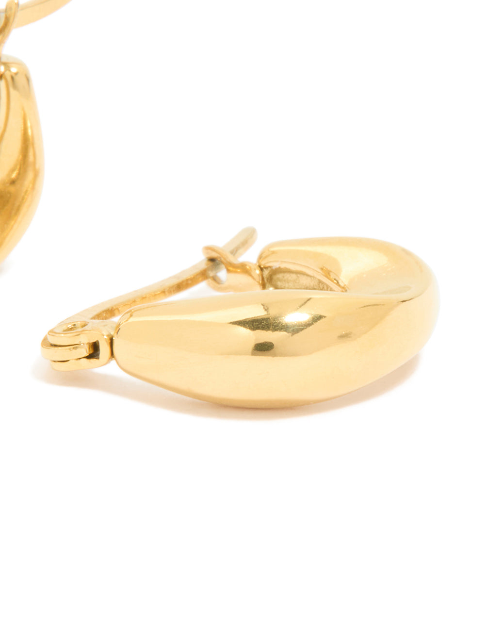 Presenting waterproof gold plated stainless steel organic teardrop hoop earrings post detail view