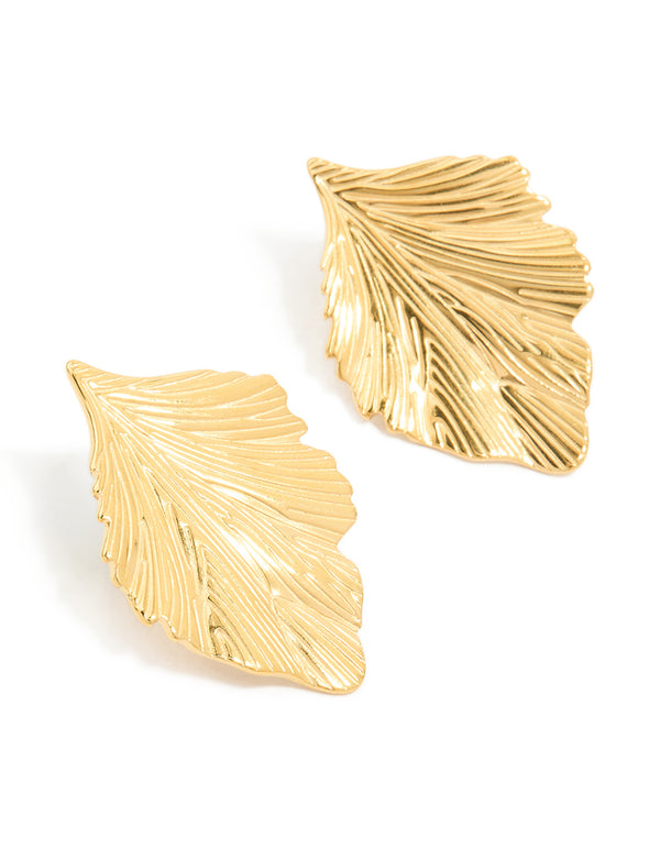 Showcasing waterproof textured leaf earrings crafted from gold plated stainless steel in a stunning gold tone front view
