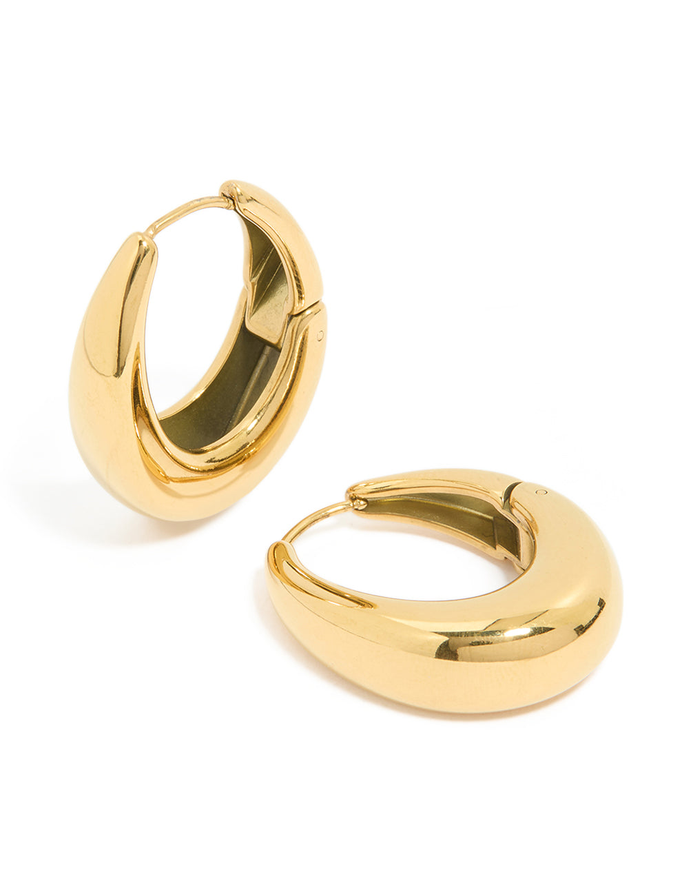 Featuring waterproof gold plated stainless steel oval hanging hoop earrings in high-polish finish front view