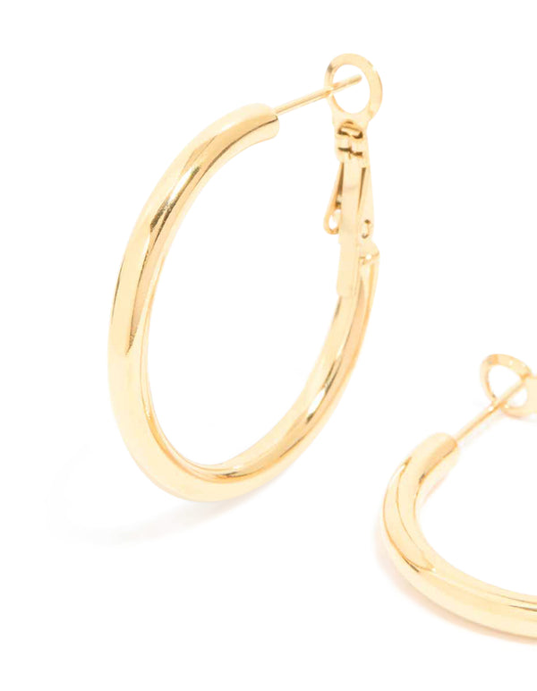 Crafted from waterproof gold plated stainless steel hoop earrings in close up view