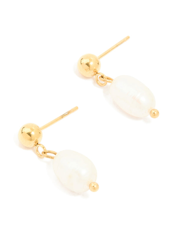 Elegant waterproof gold plated stainless steel pearl stud drop earrings in white front view