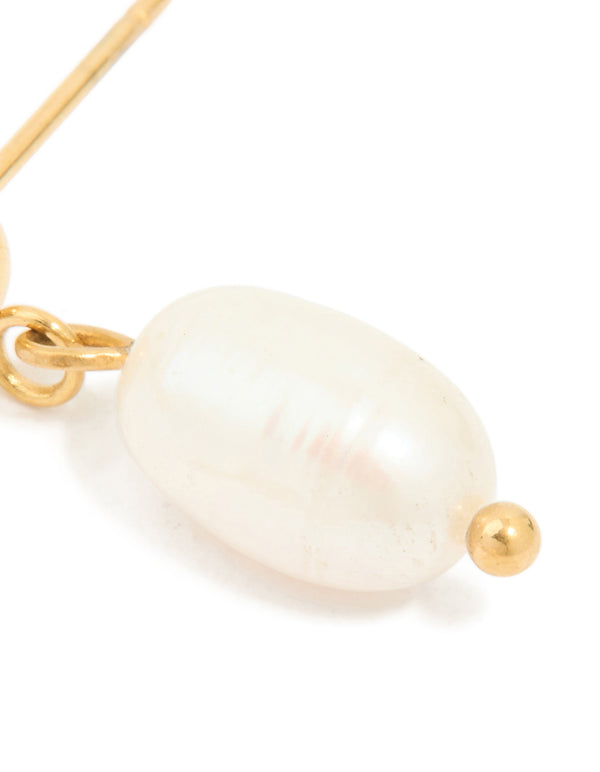 Featuring waterproof gold plated stainless steel construction, pearl stud drop earrings with white details post detail view