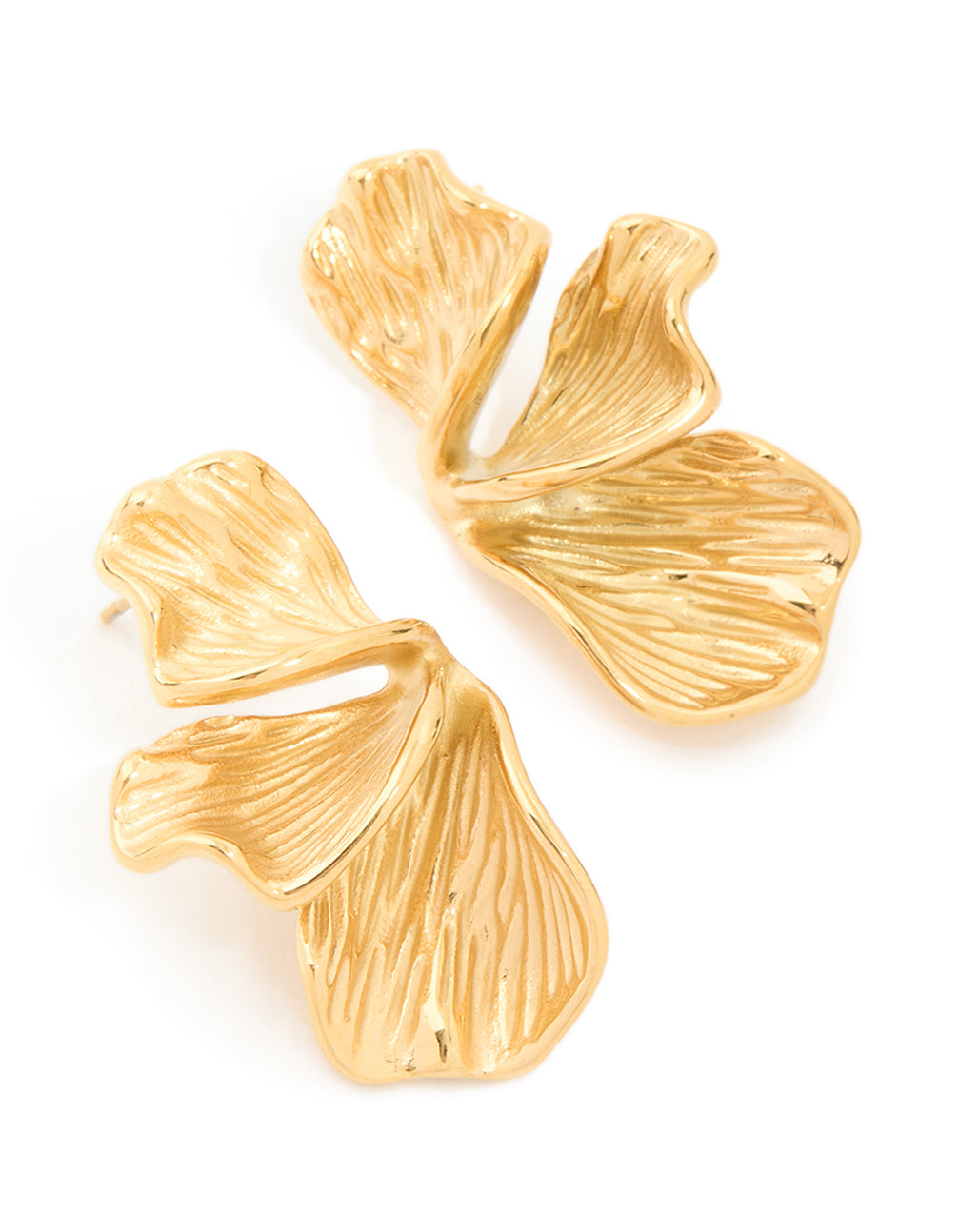Discover these waterproof stainless steel earrings with gold plated fan petal design front view