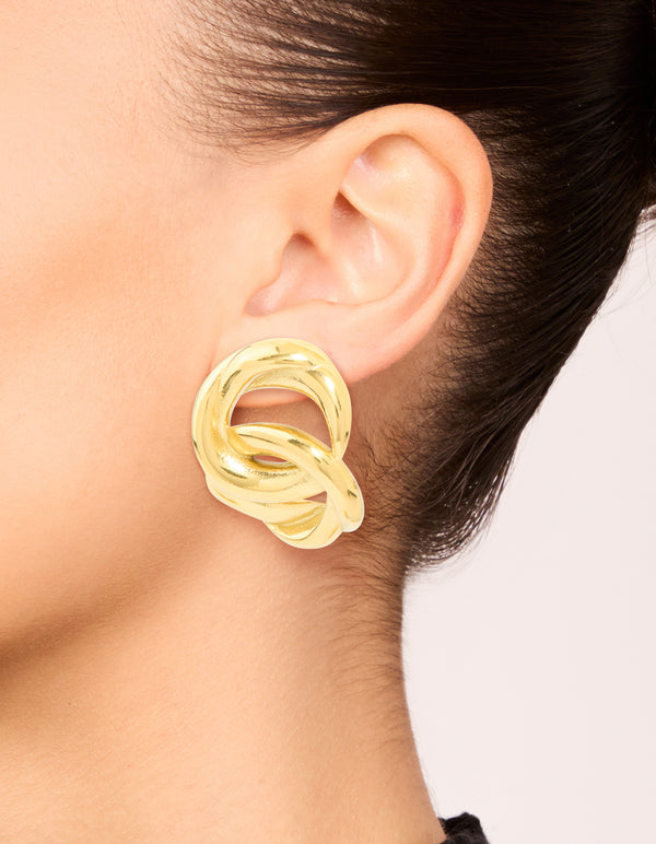 Discover waterproof gold plated stainless steel round linked stud earrings on ear view