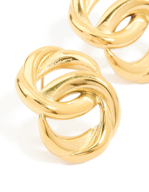 Highlighting waterproof gold plated stainless steel round linked stud earrings close up view