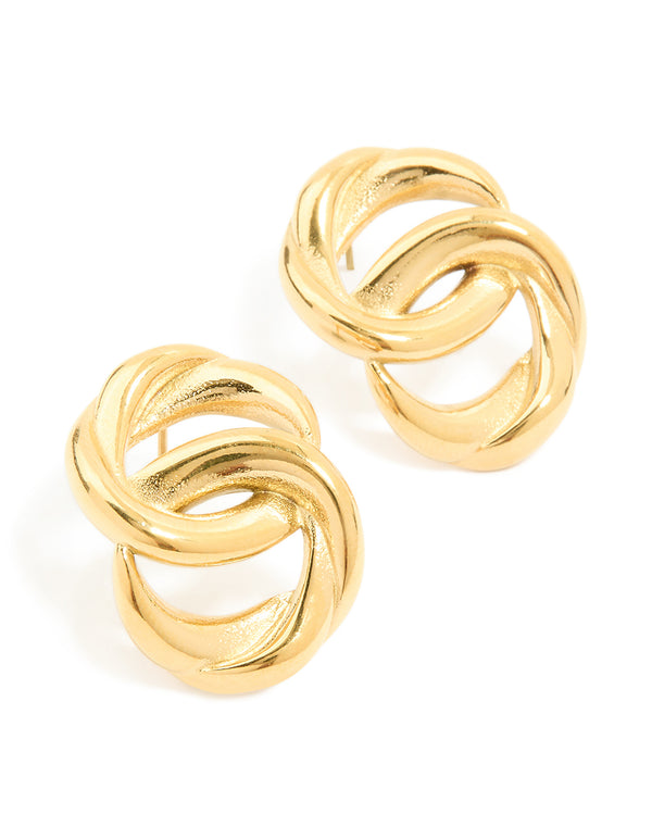 Showcasing waterproof gold plated stainless steel round linked stud earrings front view