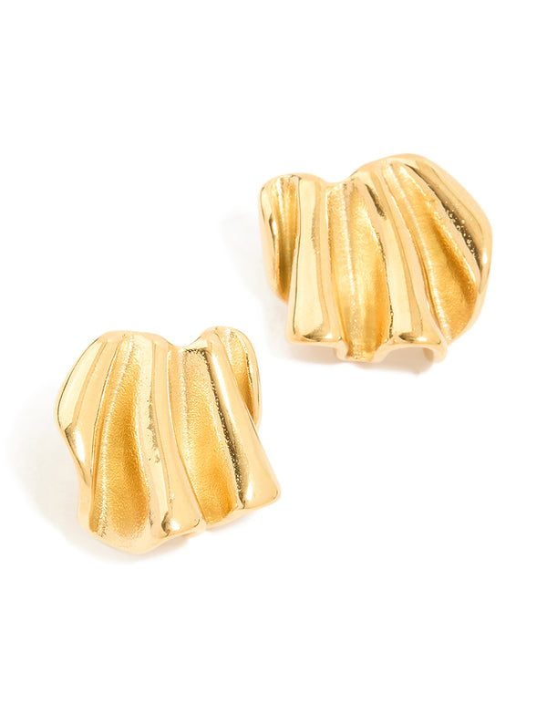 Showcasing wavy fan stud earrings crafted from waterproof gold plated stainless steel in front view