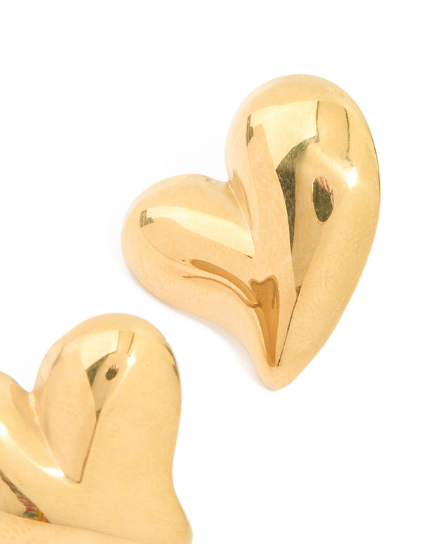Waterproof gold plated stainless steel moving heart statement stud earrings featuring dimensional design post detail view