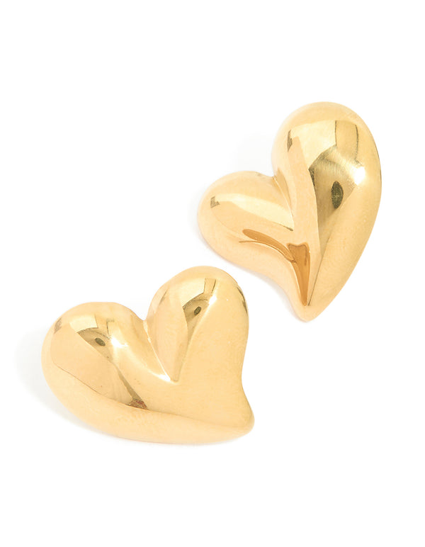 These waterproof statement stud earrings feature moving heart details crafted from gold plated stainless steel front view