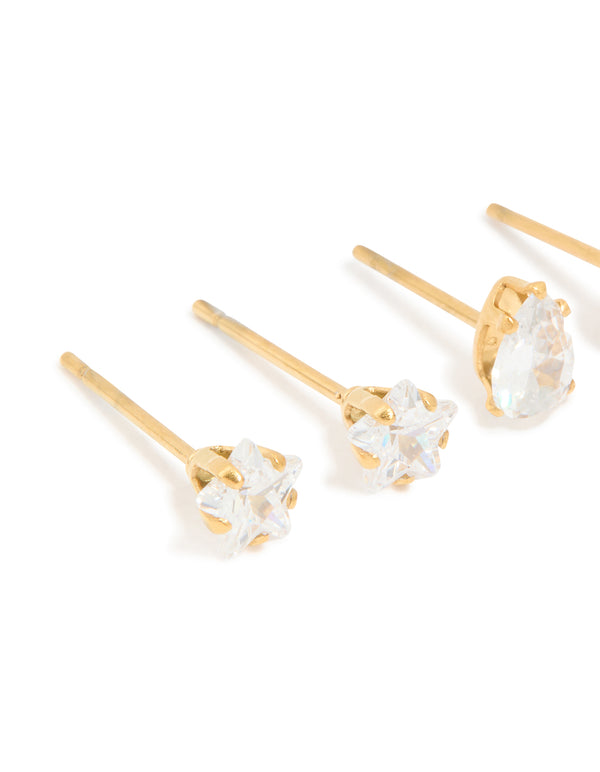 Showcasing waterproof gold plated stainless steel cubic zirconia mixed cut stud earrings 3-pack close up view