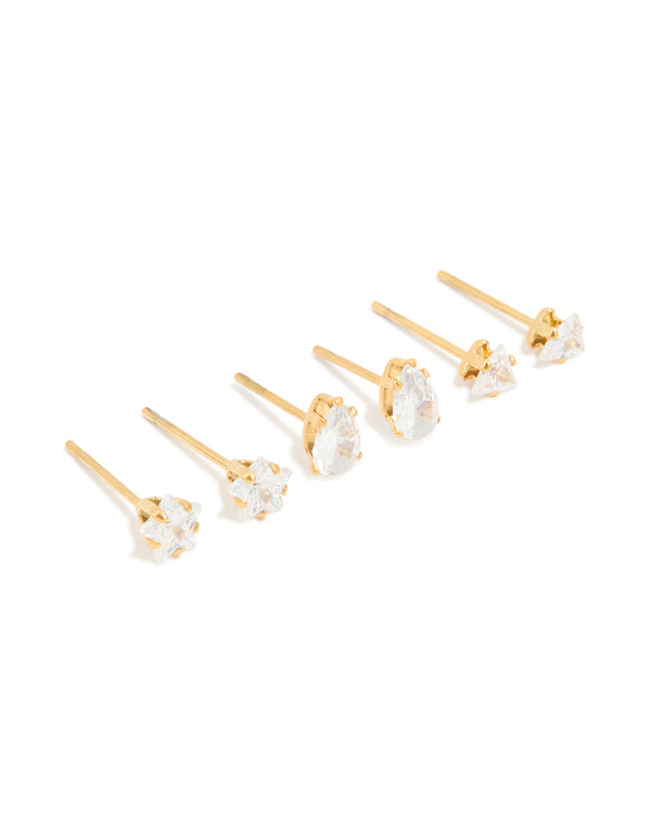 Featuring waterproof stainless steel mixed cut cubic zirconia stud earrings in a 3-pack front view