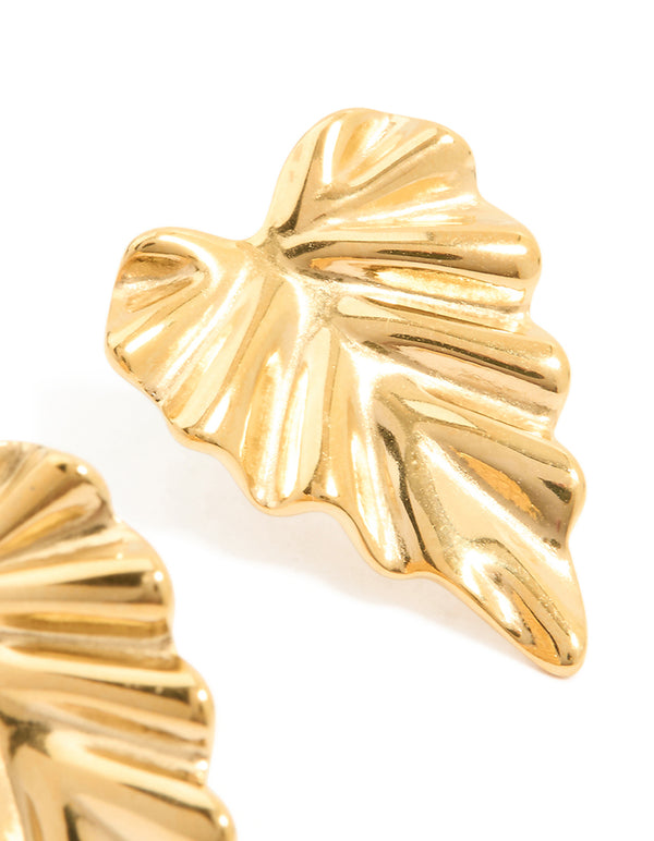 Waterproof Gold Plated Stainless Steel Palm Leaf Statement Stud Earrings