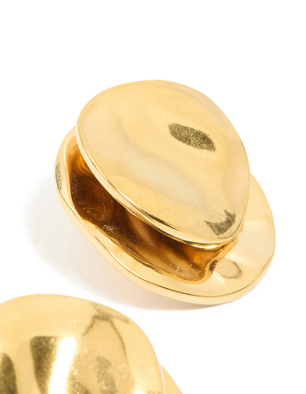 Presenting waterproof gold plated stainless steel double crinkle disc stud earrings post detail view