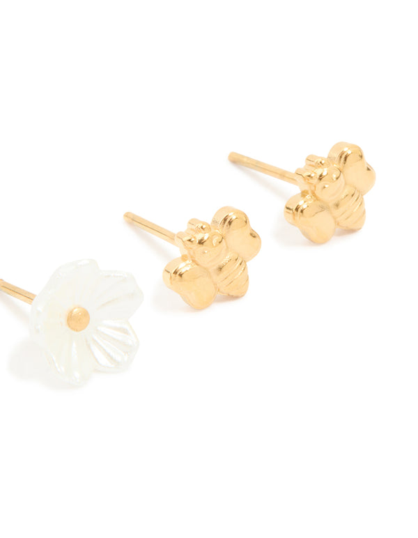 Designed dainty butterfly and floral garden party stud earrings in waterproof gold plated stainless steel in a 3-pack post detail view
