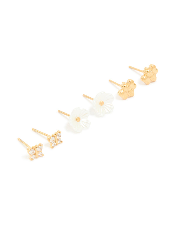 Dainty butterfly and floral garden party stud earrings in waterproof gold plated stainless steel in a 3-pack set front view