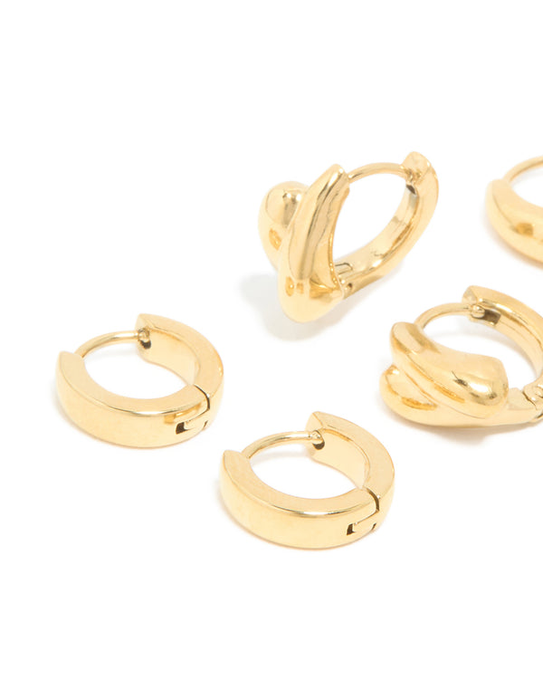 Designed with waterproof gold plated stainless steel chunky huggie earrings 3-pack close up view