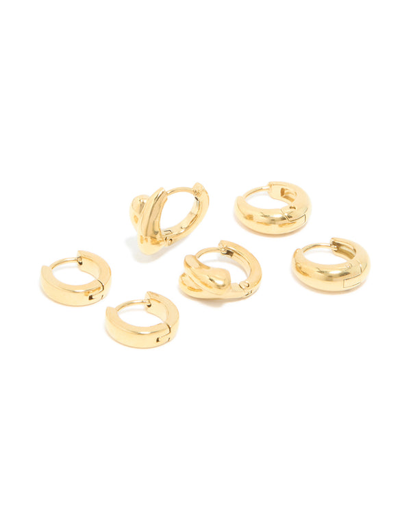 Showcasing a waterproof gold plated stainless steel chunky huggie earrings 3-pack front view