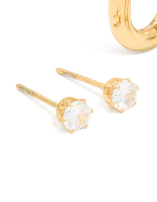 Waterproof Gold Plated Stainless Steel Rectangle Hoop Earrings & Cubic Zirconia Studs 2-Pack