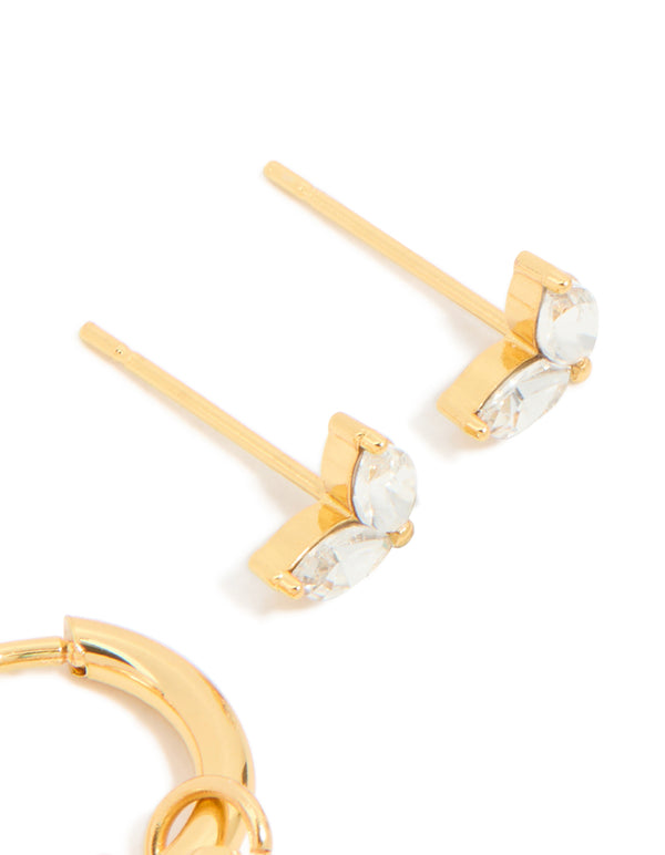 Waterproof gold plated stainless steel earrings with marquise cut cubic zirconia, diamante chain and huggie closure 2 pack in post detail view