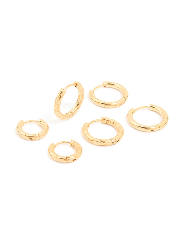 Waterproof Gold Plated Stainless Steel Mixed Detail Huggie Earrings 3-Pack