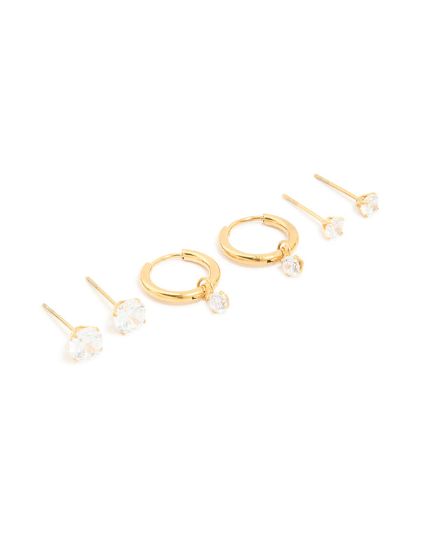 Showcasing waterproof gold plated stainless steel cubic zirconia huggie and stud earrings in a 3-pack front view