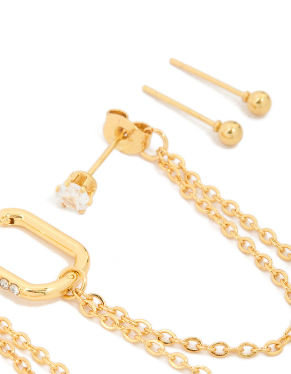 Waterproof Gold Plated Stainless Steel Cubic Zirconia Mix Earrings 3-Pack