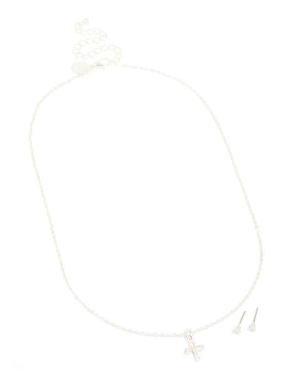 Silver Cubic Zirconia Cross Necklace & Classic Stud Earrings Set