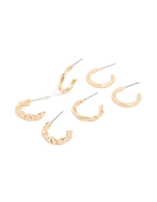 Gold Textured & Twisted Hoop Earrings 3-Pack