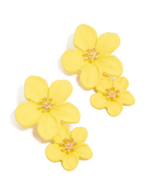 Gold Yellow Double Flower Asymmetrical Earrings