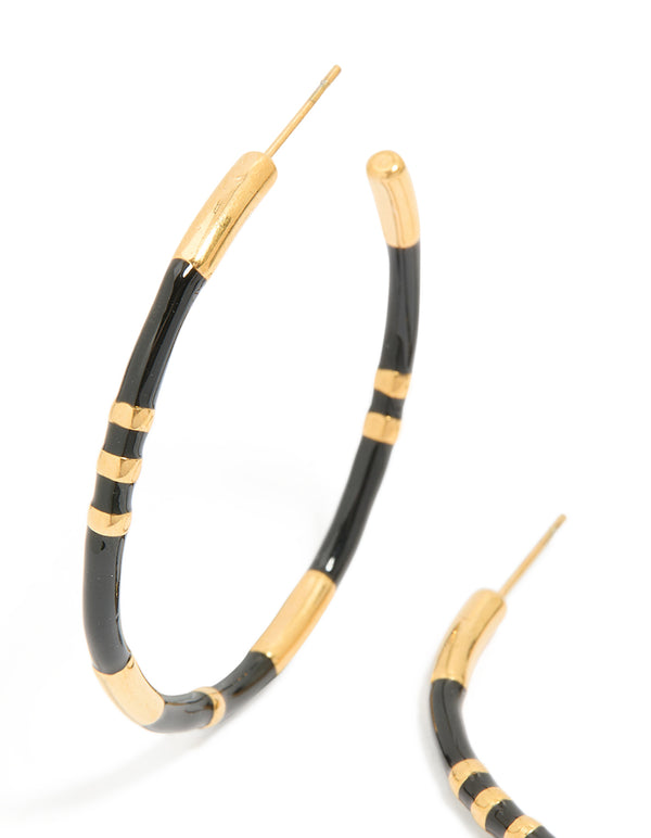 Waterproof Gold Plated Stainless Steel Black Enamel Striped Hoop Earrings