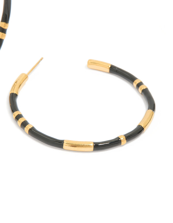 Waterproof Gold Plated Stainless Steel Black Enamel Striped Hoop Earrings