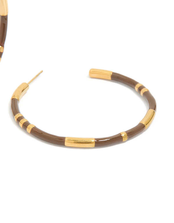Waterproof Gold Plated Stainless Steel Brown Enamel Hoop Earrings