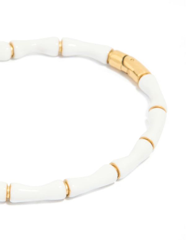 Waterproof Gold Plated Stainless Steel White Enamel Bamboo Bangle